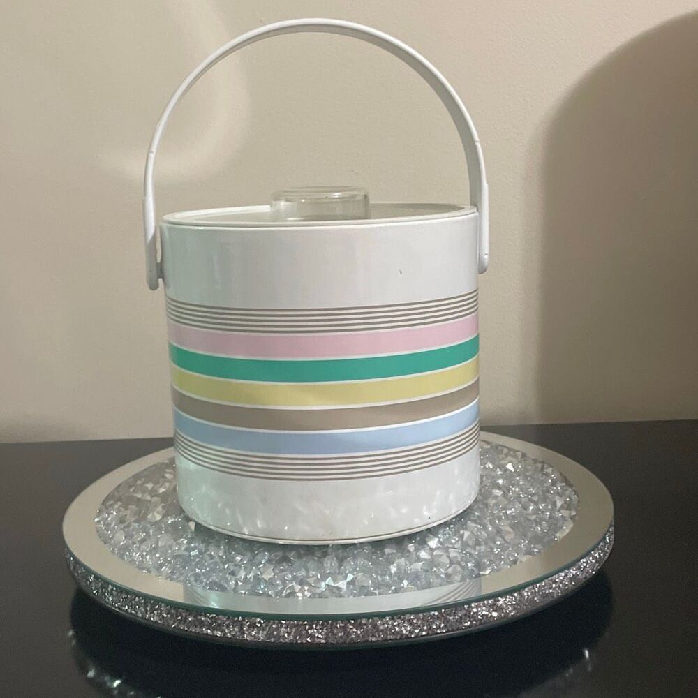 Phoenix vintage 1980s pastel striped insulated ice bucket with metal tongs
